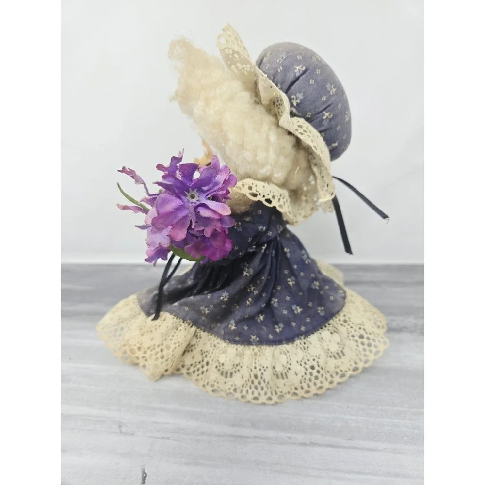 Vintage Hand Crafted Grandma Granny Doll with Lace Dress and Purple Lilac Flower
